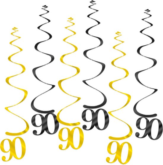 Q2Party - 90 Jaar Swirl - Slinger - Leeftijd - Versiering - Verjaardag - decoratie - Feest - Hangdecoratie - Goud/Zwart – 6 stuks