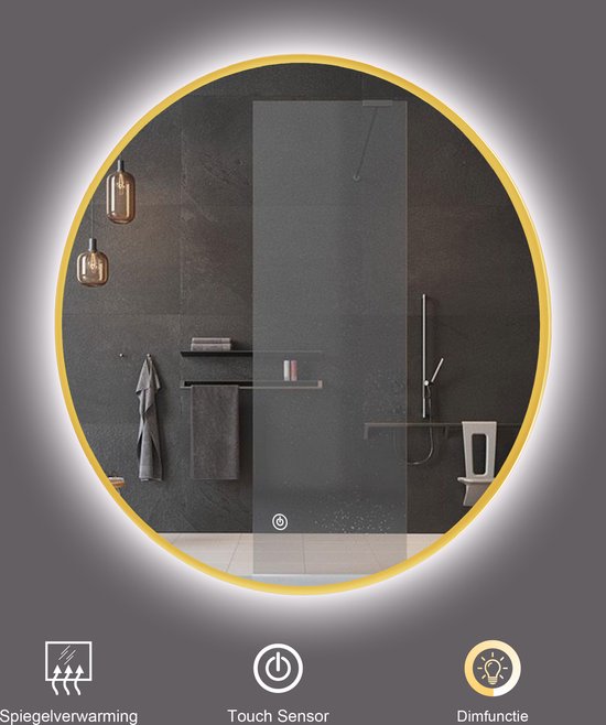 Miroir de salle de bain rond Mauri or mat avec chauffage, éclairage LED et capteur tactile 60x60cm