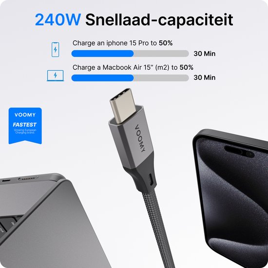 Voomy USB C Kabel 240W - USB C naar USB C - 2 Meter - 480 Mbps - Oplaadkabel Snellader - Geschikt voor Smartphone, Laptop & Tablet - Gevlochten kabel