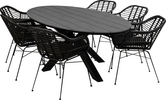 7-delige tuinset | 6 Oslo dining tuinstoelen (Black) | 220cm ovale Cyprus tuintafel (Grey)