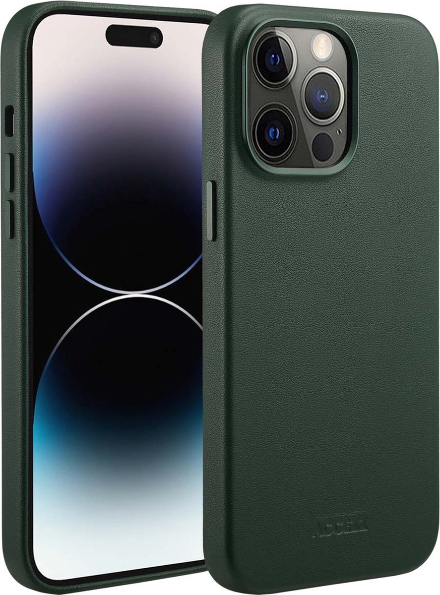 Accezz Hoesje Geschikt voor iPhone 14 Pro Max Hoesje - Accezz Geschikt voor MagSafe Leather Backcover - Donkergroen