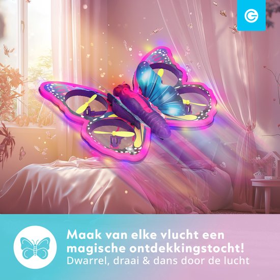 Un drone papillon violet avec des hélices jaunes et des lumières LED colorées vole dans une chambre d'enfant.