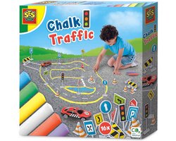 foto van SES - Stoepkrijt - verkeer - met verkeersborden, pionnen, hekken en een auto - 6 kleuren krijt