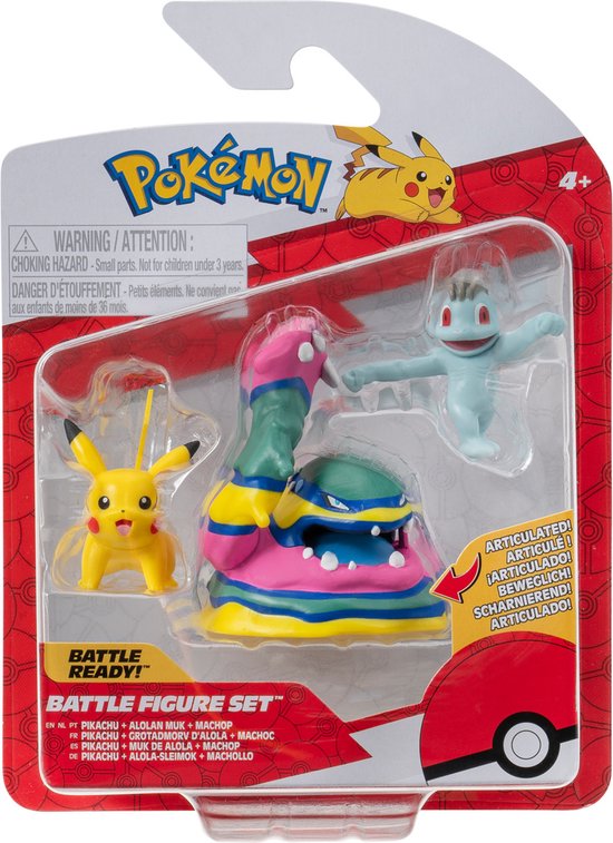 Jazwares Pokémon Battle Figure Set 3-Pack Machop, Pikachu #1, Alolan Muk 5 cm Action Figuur