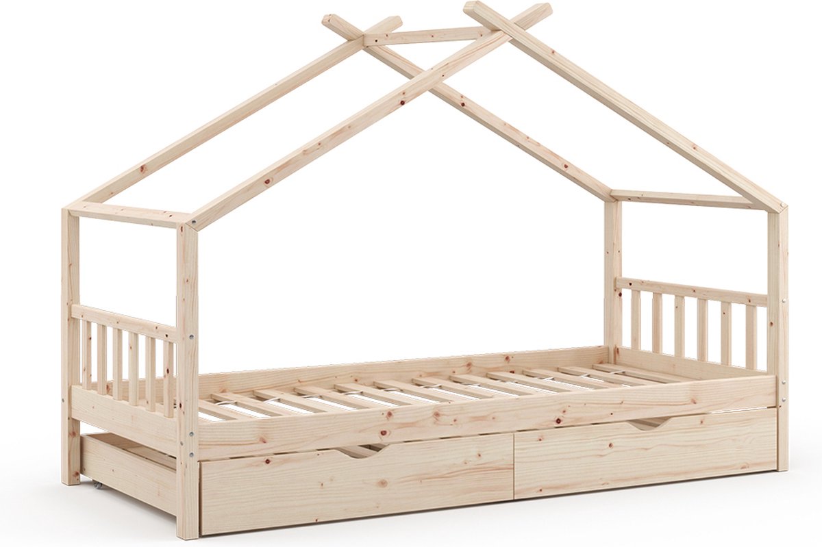 vitalispa Design Huisbed – 90x200 cm met logeerbed Natuurlijk hout