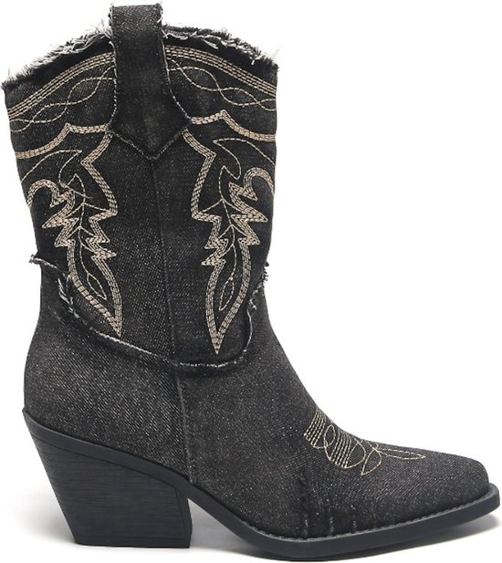 Smile Favorites® Dames Cowboylaarzen Kort - Zwart - Stof - Maat 40