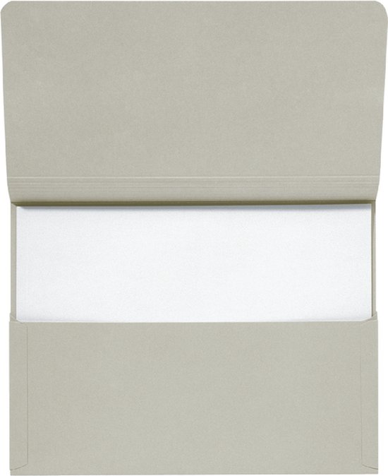 Grijze map met openklapbaar voorflap en een witte vellen papier erin.