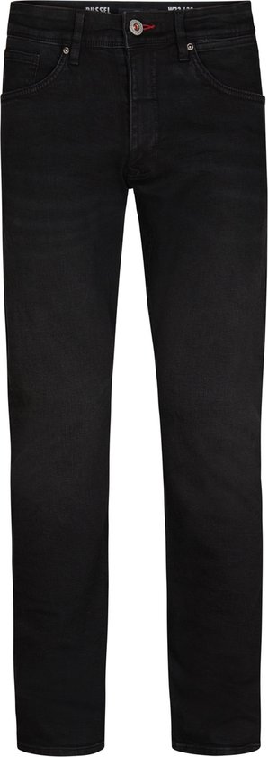 Zwarte jeans met regular tapered fit, voorkant. Met label en twee steekzakken.