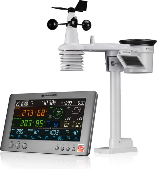 Grijze Bresser weerstation en witte weerstation sensor met anemometer, windvaan en regenmeter.