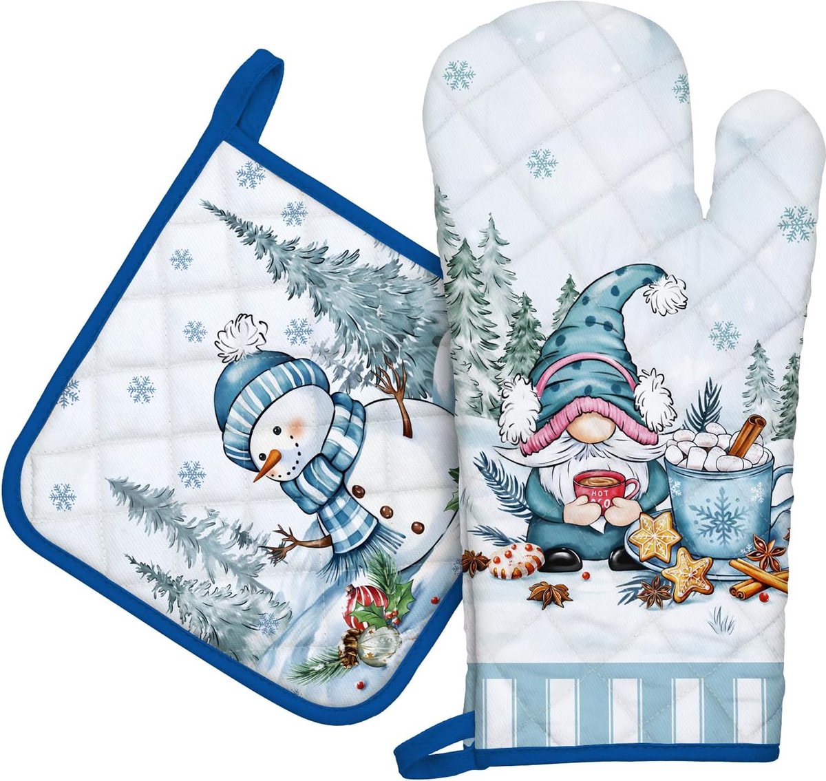 JGS ® Set van Kerst Ovenhandschoen en Pannenlap met Handgeschilderde Motieven voor de Keuken