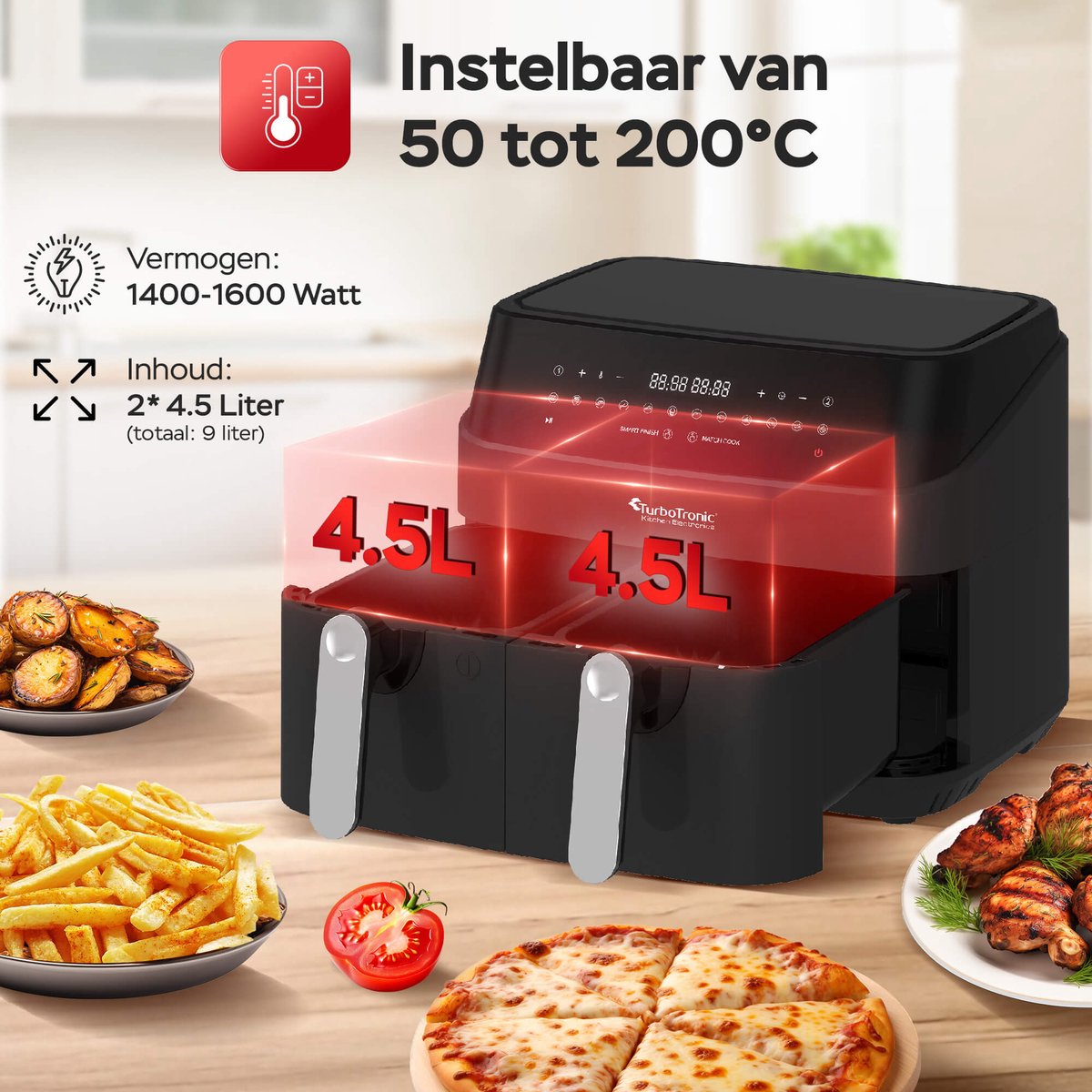 Afbeelding 3 van Turbotronic DAF5 Dubbele Airfryer XXL DualChef - 9L - 1600W - Heteluchtfriteuse - Dubbele Mand - 2 x 4.5L - 50ºC tot 200ºC - 12 Kookprogramma's - Zwart