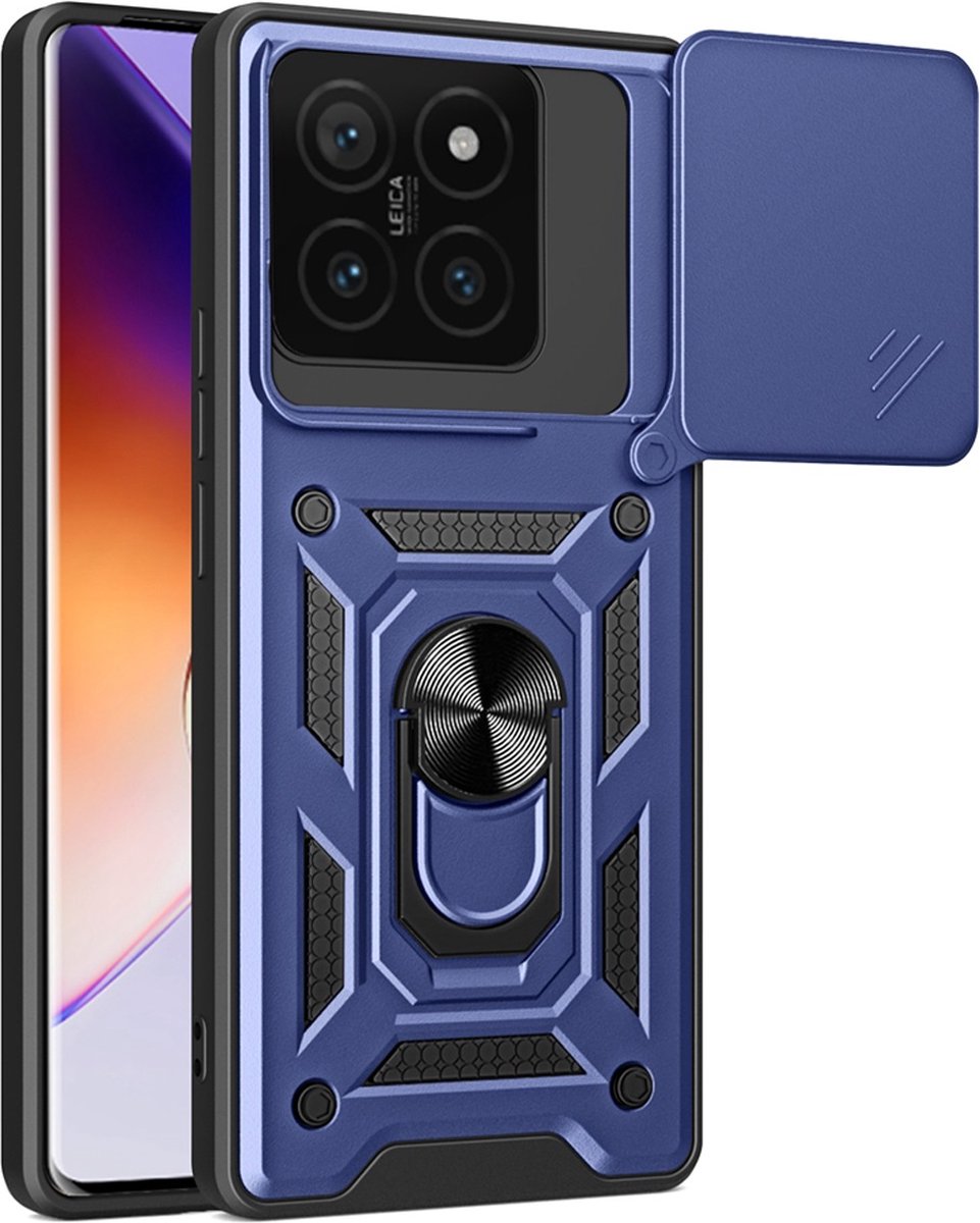 MobyDefend Hoesje - Geschikt voor Xiaomi 14T - Pantsercase Met Draaibare Ring - Blauw