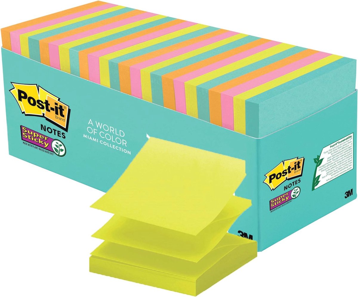 Super Sticky Pop-Up Notes 3" x 3" - Miami Kleuren, 90 Notities per Pad, 18 Pads