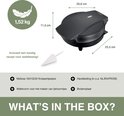 Zwart wafelijzer met afmetingen en tekst 'What's in the box', inclusief ijshoornvorm.