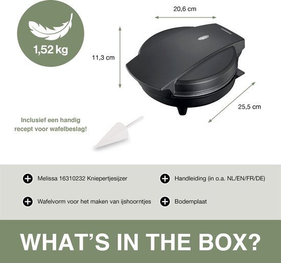 Zwart wafelijzer met afmetingen en tekst 'What's in the box', inclusief ijshoornvorm.