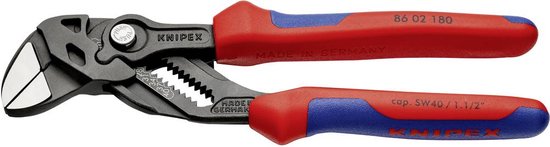 Knipex waterpomptang met rood-blauwe handvatten. Model 86 02 180.