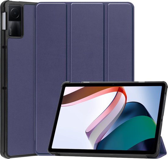 Étui tablette bleu foncé triple pli pour Xiaomi Redmi Pad, tablette en mode support.