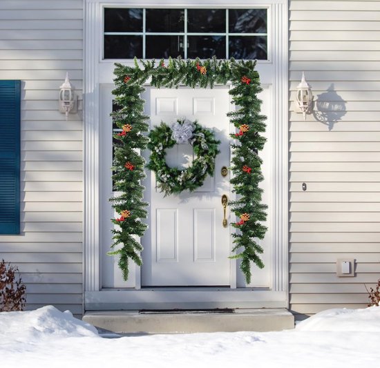 Kerstslinger 2,7m met Verlichting - Bloemen Een Ballen – Rood – Voor