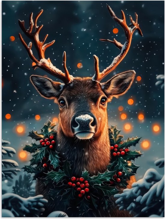 Poster 90x120 cm - Hert - Kerst - Winter - Sneeuw - Kerstkrans - Posters - Kamer decoratie - Wanddecoratie woonkamer - Kerstdecoratie voor binnen - Kerstversiering - Kerstmis versiering in huis - Kerstaccessoires