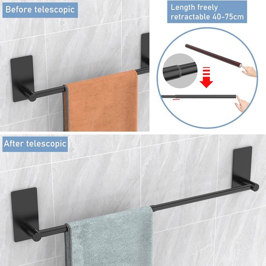 Handdoekhouder zonder boren - Verstelbare handdoekstang 40-75 cm - Roestvrij staal voor badkamer en keuken — afbeelding 3