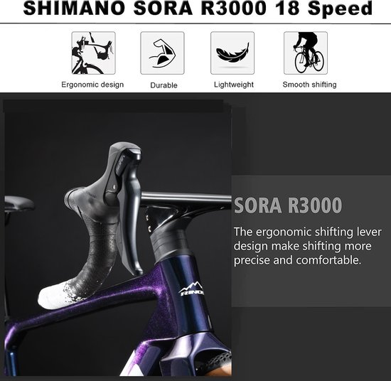 Rinos Odin1.0 Carbon Road - RaceFiets - met Shimano SORA 18 versnellingen en schijfremmen - lichte fiets voor dames en heren - 700 x 40C - Kameleon Blauw-Paars 58 van Rinos — afbeelding 4
