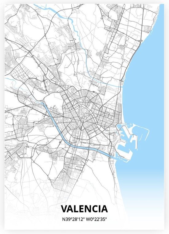 Valencia plattegrond - A4 poster - Zwart blauwe stijl