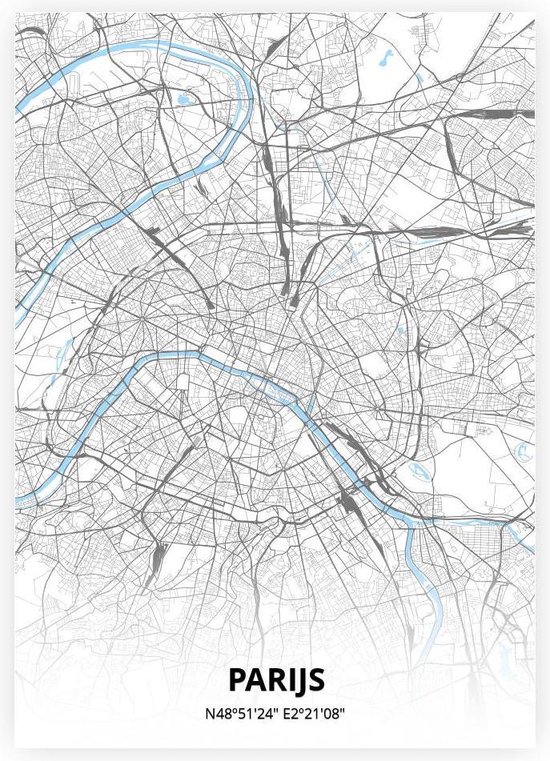 Parijs plattegrond - A4 poster - Zwart blauwe stijl