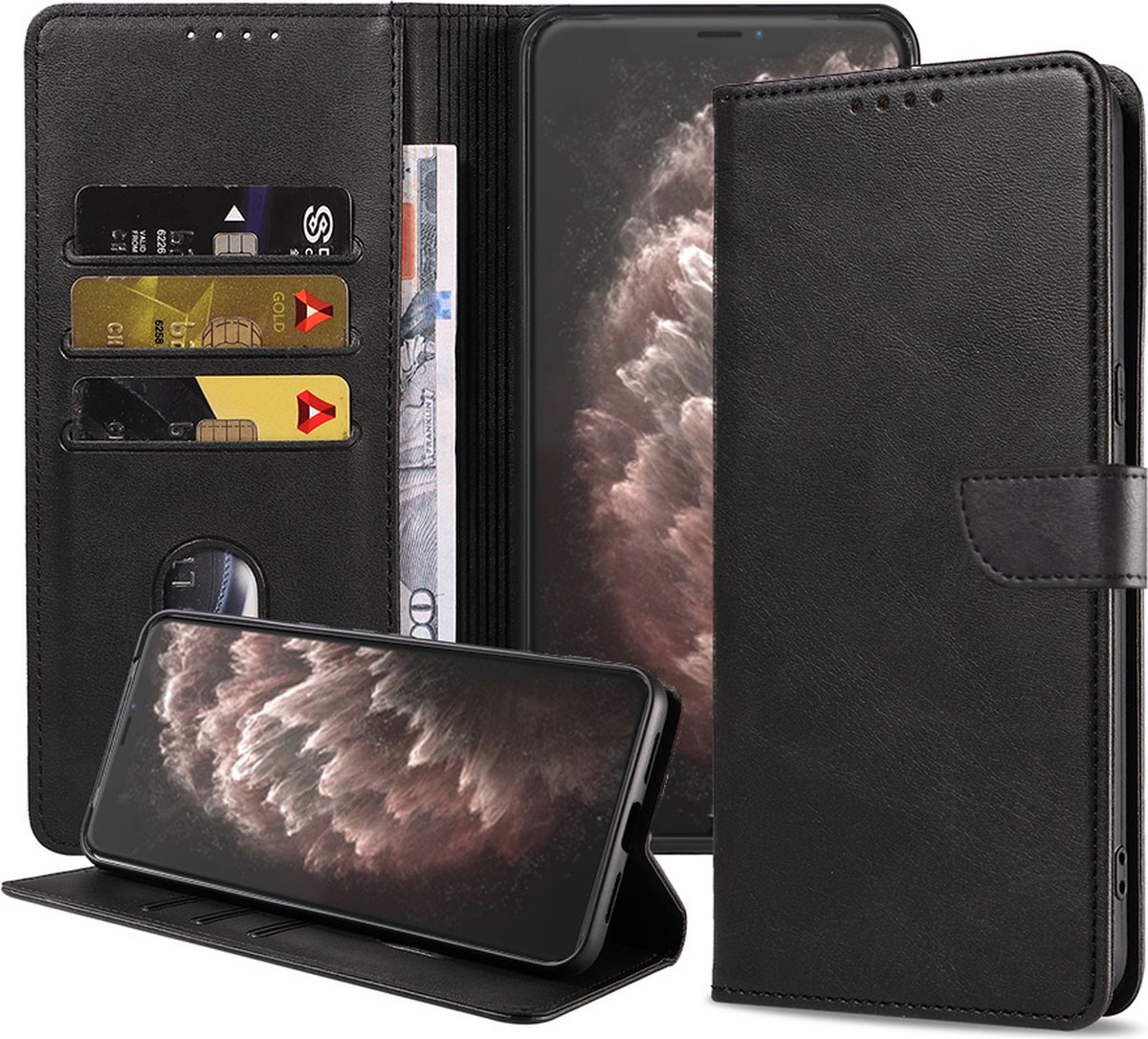 Geschikt voor iPhone 11 Pro Max Telefoonhoesje Kunstleer met Magnetisch lipje en Pasjeshouder Book Case met Klepje - Zwart - Smartphonica geschikt voor iPhone 11 Pro Max