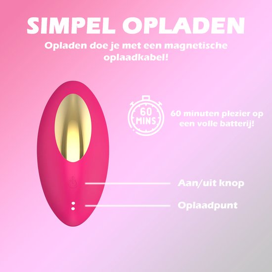 Roze ovale vibrator met gouden detail en aan/uit knop. Tekst: Simpel opladen. 60 minuten plezier op volle batterij.