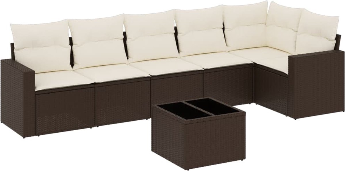vidaXL 7-delige - Loungeset - met - kussens - poly - rattan - bruin