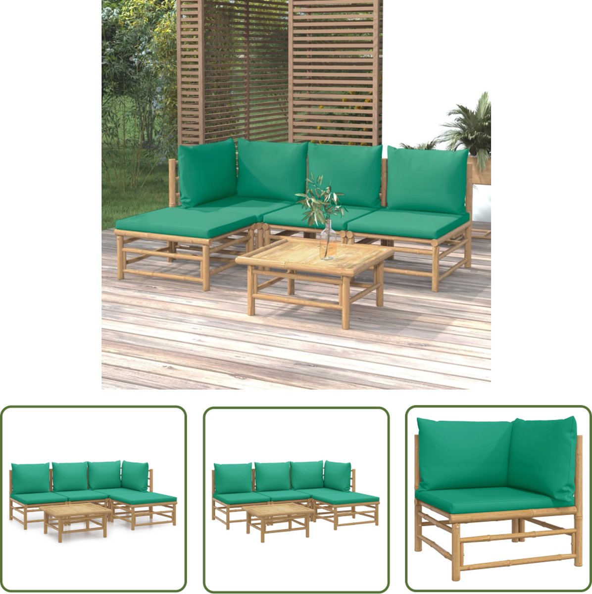 Bamboe loungeset met groene kussens - Buisvormig tuinmeubilair - Outdoor meubels.