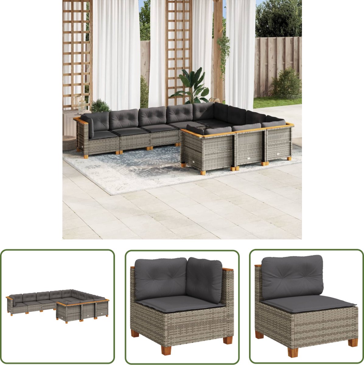 The Living Store 10-delige Loungeset met kussens poly rattan grijs - Loungeset - Tuinset - Buitendecoratie - Lounge - Relaxen