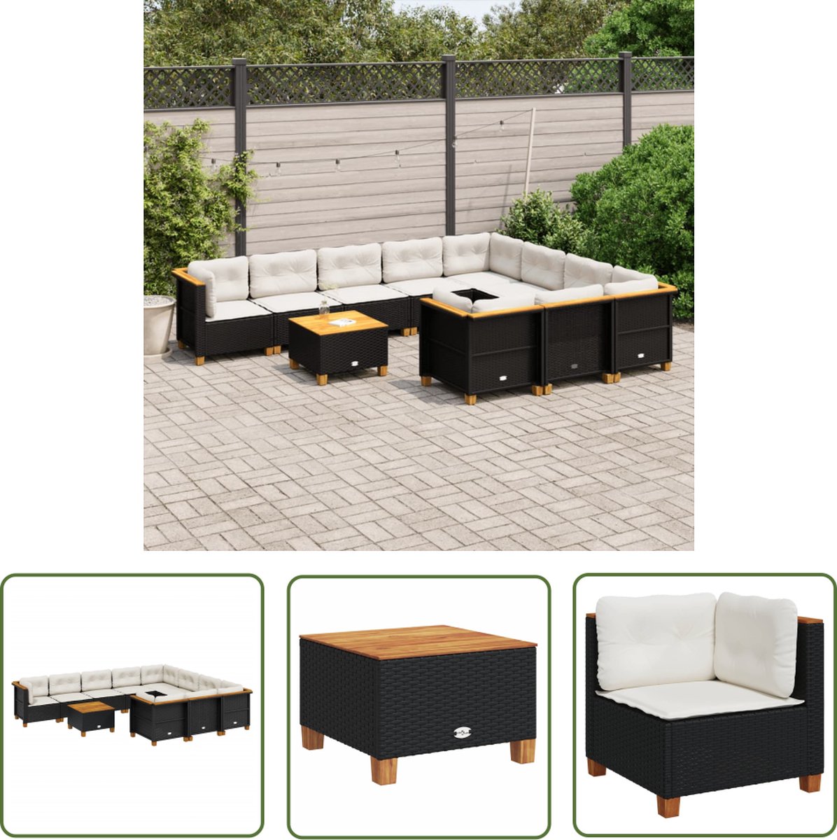 The Living Store 11-delige Loungeset met kussens poly rattan zwart - Loungebank - Lounge Set - Tuinmeubels - Buitendecoratie - Tuinlounge