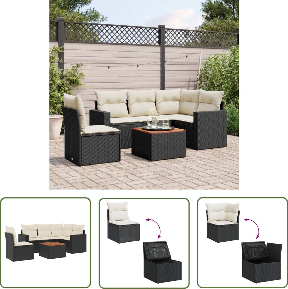 The Living Store 6-delige Loungeset met kussens poly rattan zwart - Loungeset - Lounge Set - Tuinlounge - Buitendining - Outdoor Furniture