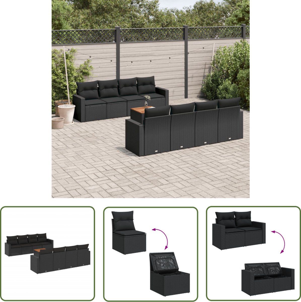 The Living Store 9-delige Loungeset met kussens poly rattan zwart - Loungebank - Lounge Set - Buitendecoratie - Tuinbank - Tuinlounge