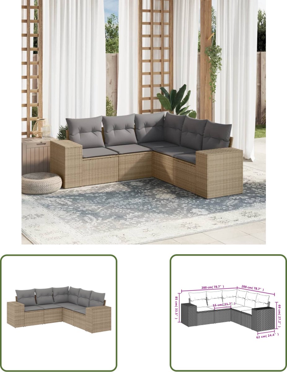 The Living Store 5-delige Loungeset met kussens poly rattan beige - Loungeset - Tuinset - Lounge - Buitendecoratie - Garden Furniture