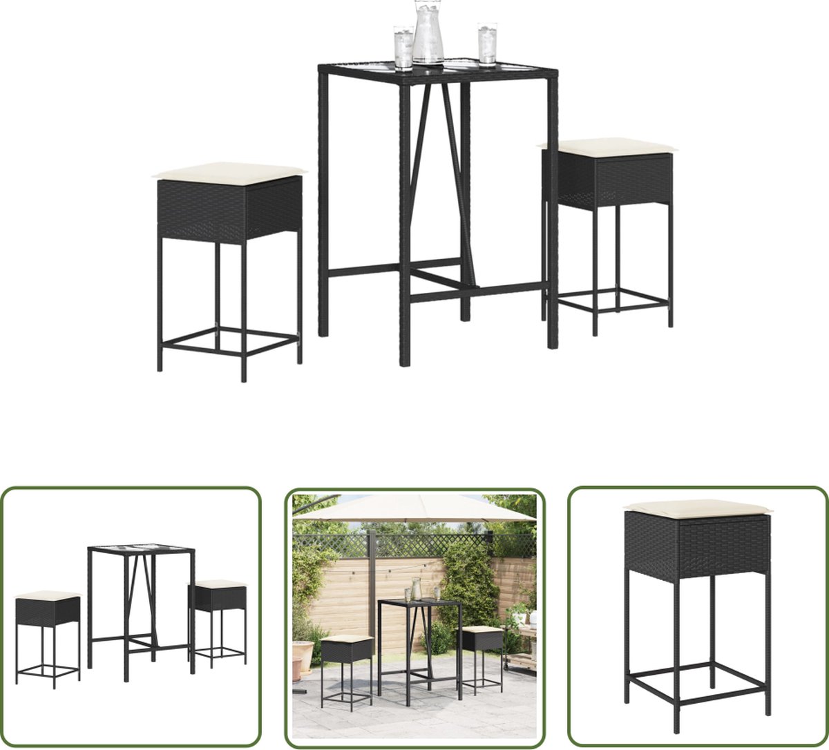 Zwarte poly rattan tuinbarset met kussens voor buiten - Bistro Set.