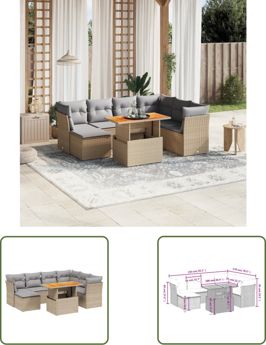 The Living Store 8-delige Loungeset met kussens poly rattan beige - Loungeset - Tuinset - Lounge Set - Buitendecoratie - Tuinmeubels