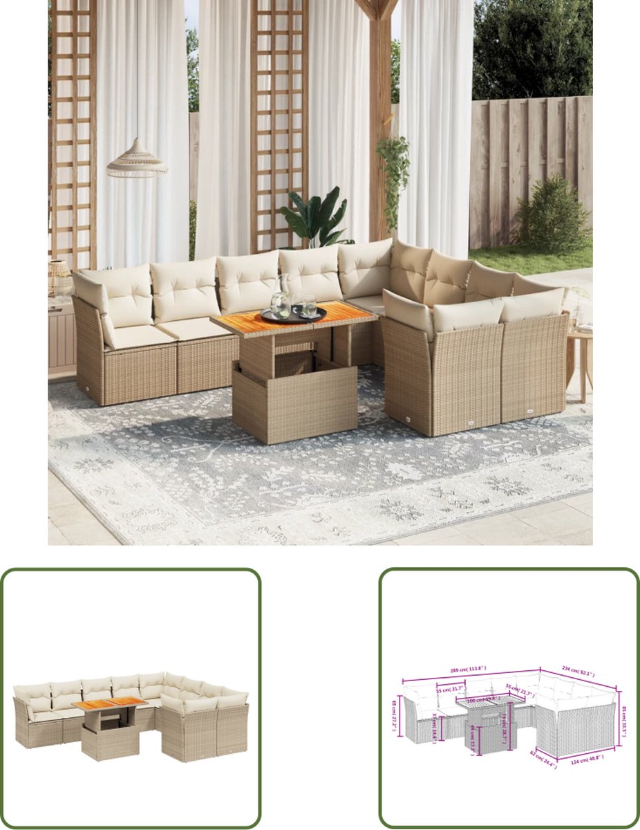 10-delige Loungeset in beige poly rattan met kussens - Tuinset met Loungebank