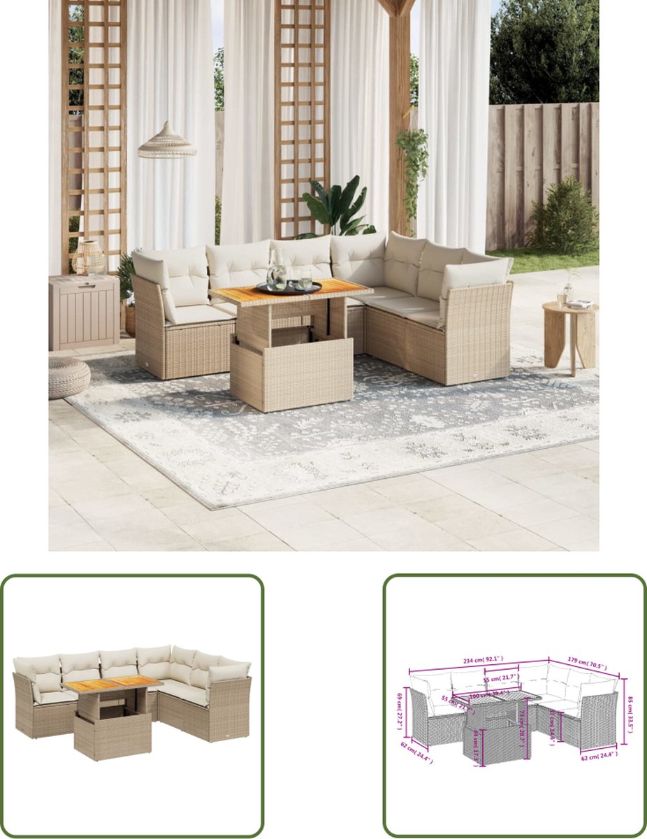 Loungeset van polyrattan in beige met kussens - Buitendecoratie.