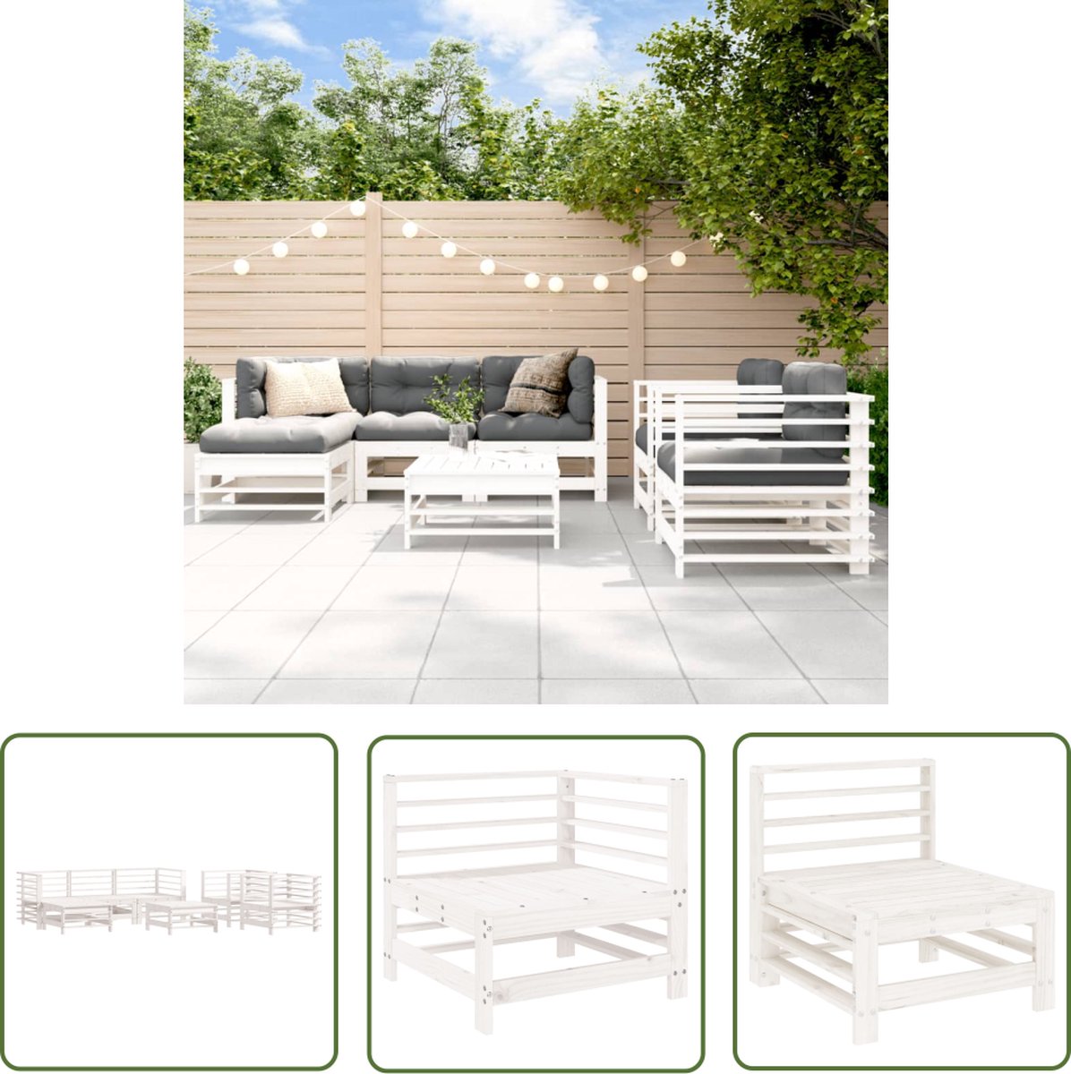 The Living Store 7-delige Loungeset massief grenenhout wit - Loungeset - Tuinset - Lounge Bank - Buitenmeubel - Tuinmeubel