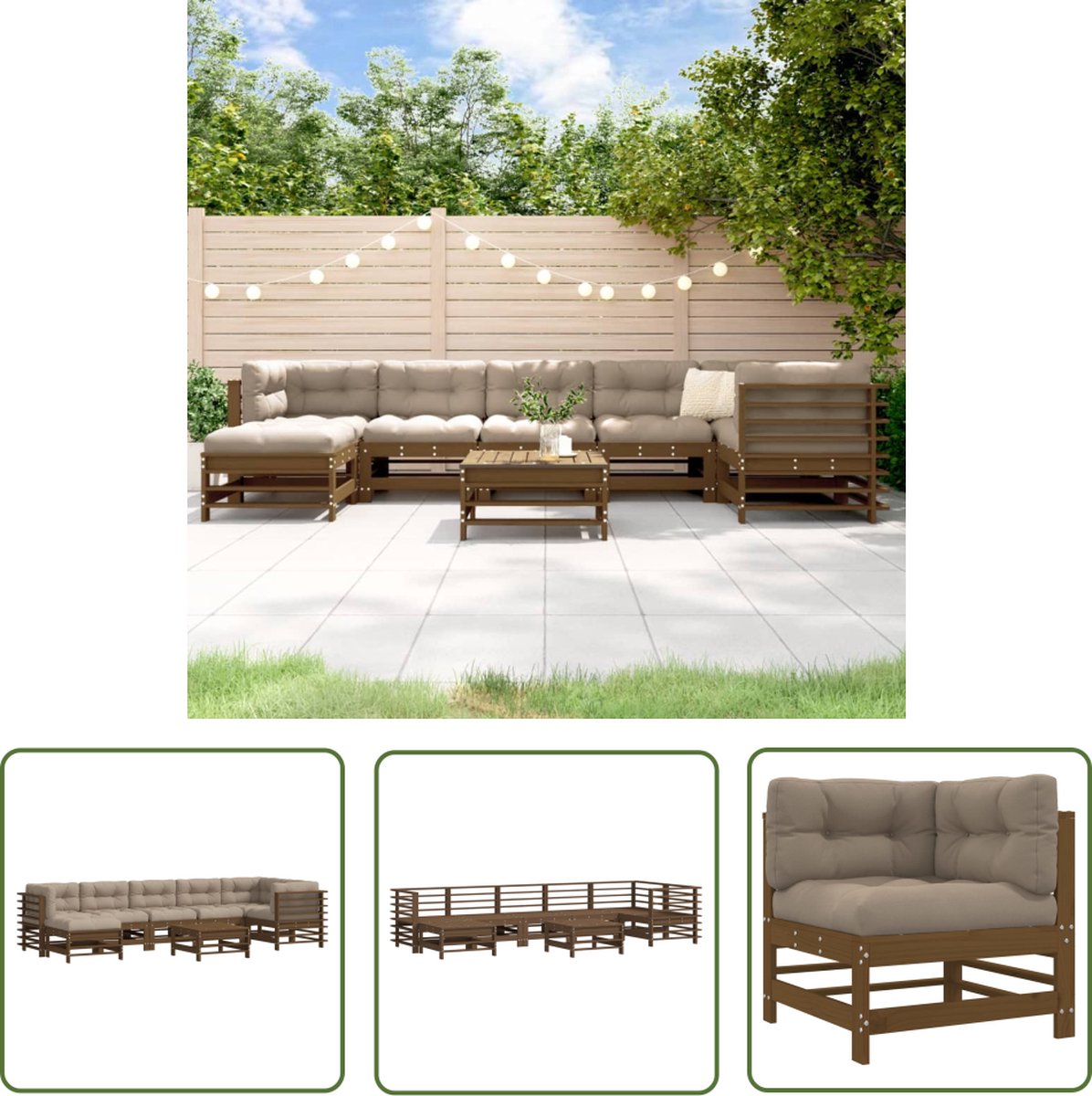 The Living Store 8-delige Loungeset met kussens massief hout honingbruin - Loungeset - Tuinset - Hout - Grenenhout - Tuinmeubels