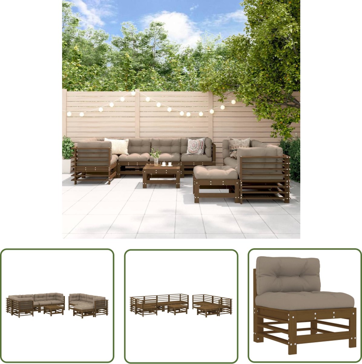 The Living Store 10-delige Loungeset met kussens massief hout honingbruin - Loungeset - Tuinset - Lounge Bank - Tuinmeubilair - Grenenhout