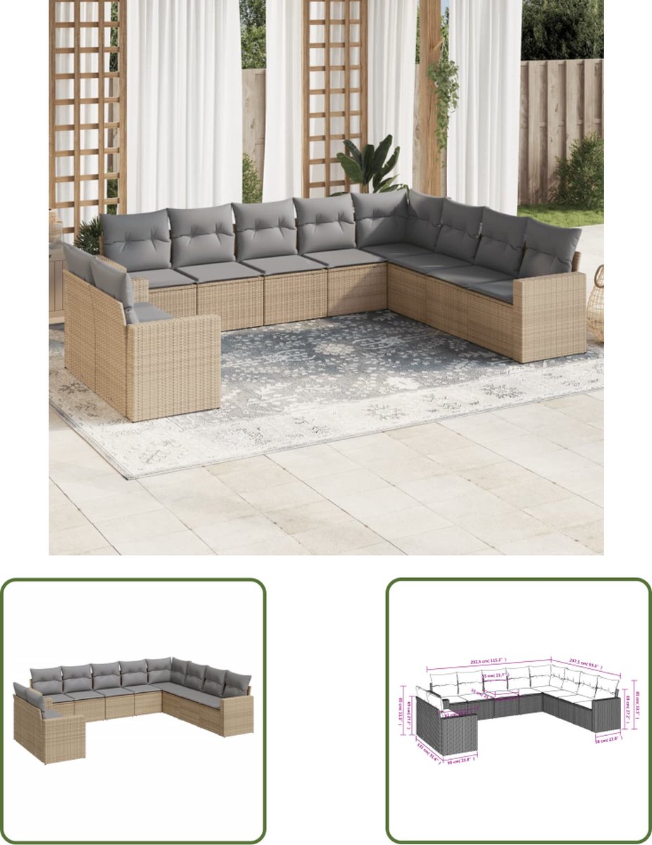 The Living Store 10-delige Loungeset met kussens poly rattan beige - Loungebank - Lounge Set - Tuinset - Buitendecoratie - Outdoor Furniture