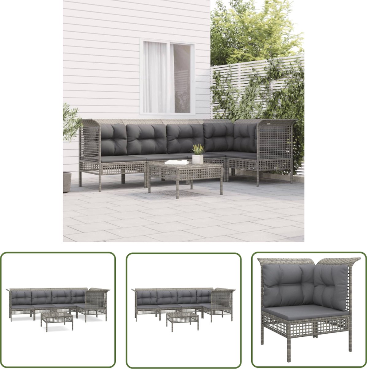 The Living Store 6-delige Loungeset met kussens poly rattan grijs - Loungebank - Tuinset - Loungehoekbank - Tuinmeubel - Outdoor Furniture