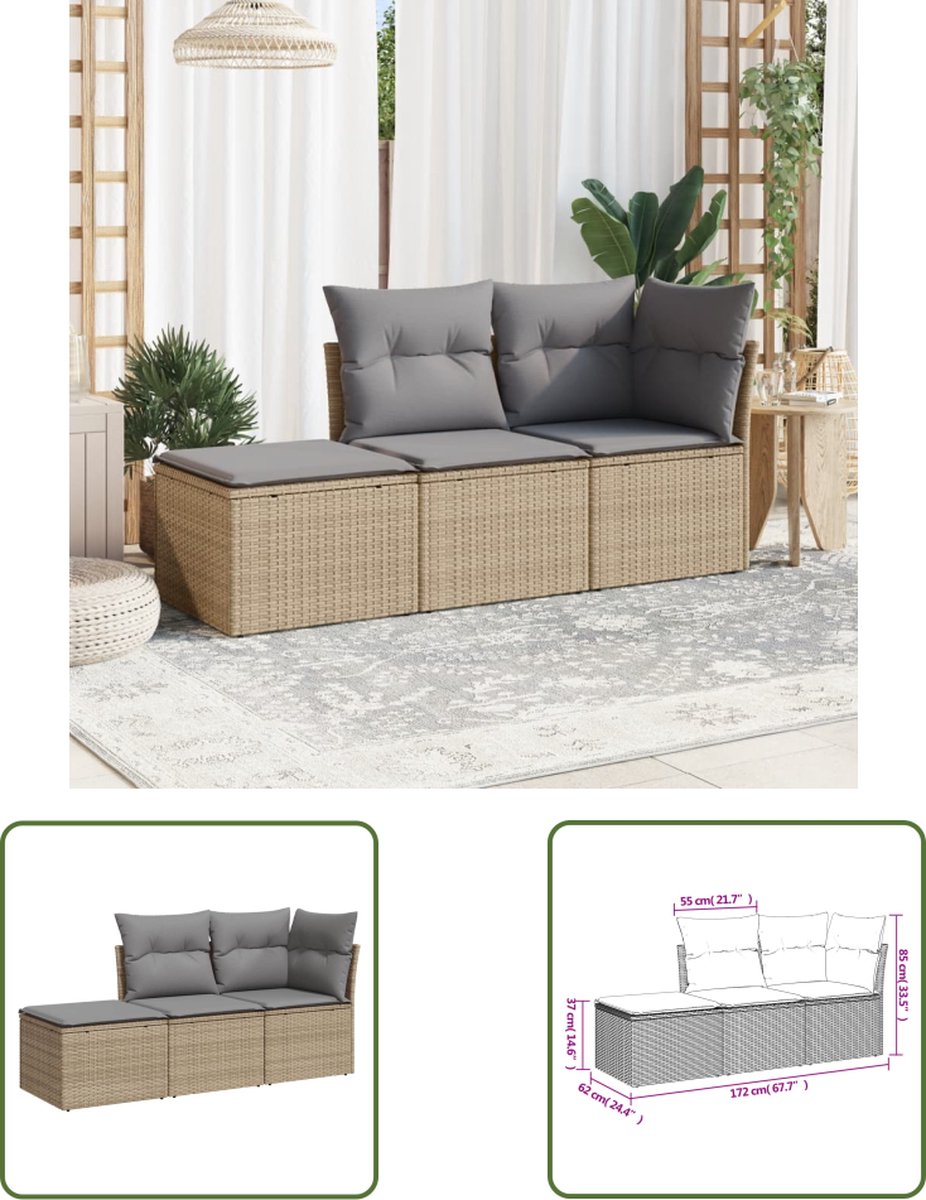 The Living Store 3-delige Loungeset met kussens poly rattan beige - Tuin Lounge Set - Loungebank - Buitenkamer - Buitentijd - Relaxen