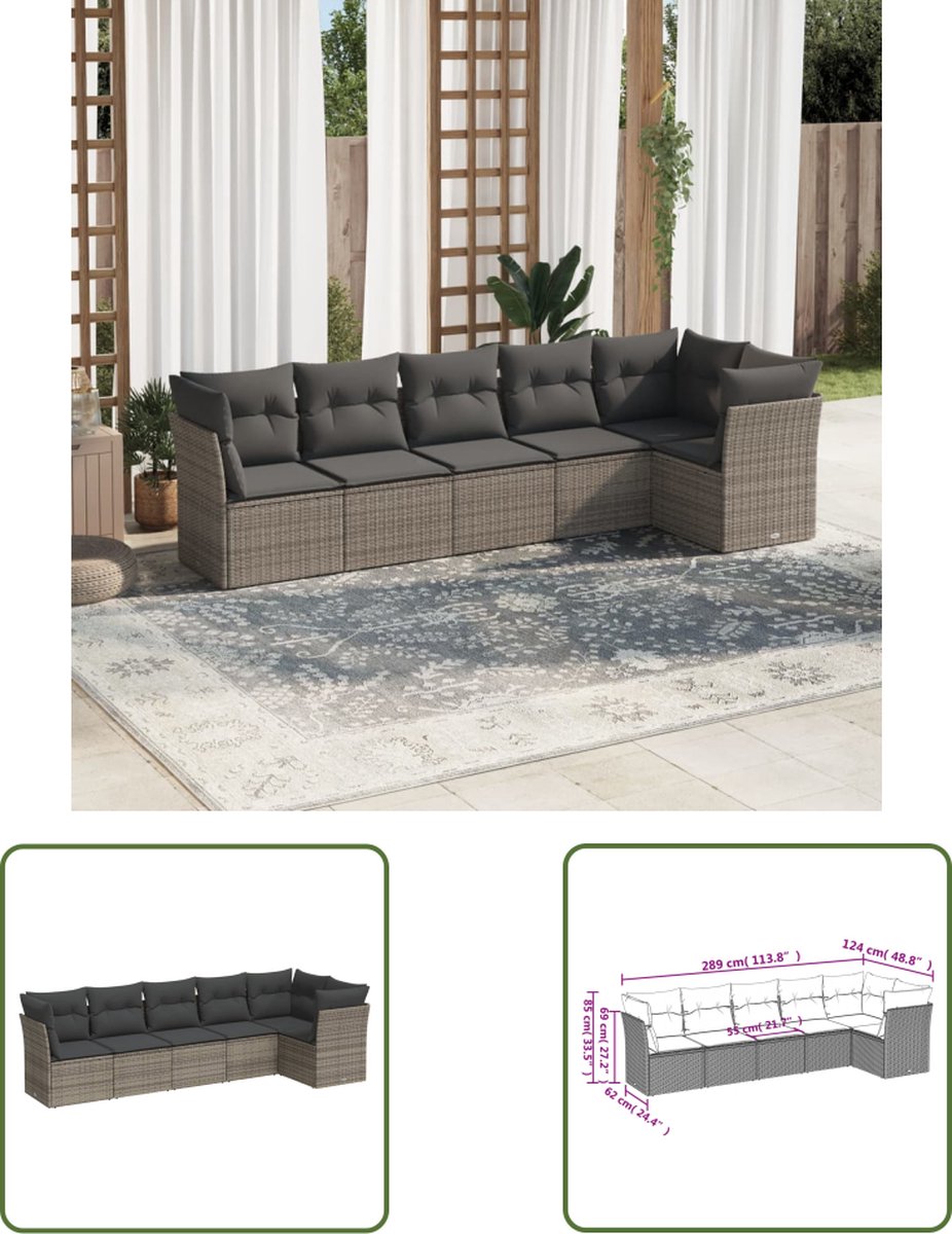 Poly rattan loungeset in grijs met kussens voor tuin en outdoor gebruik.