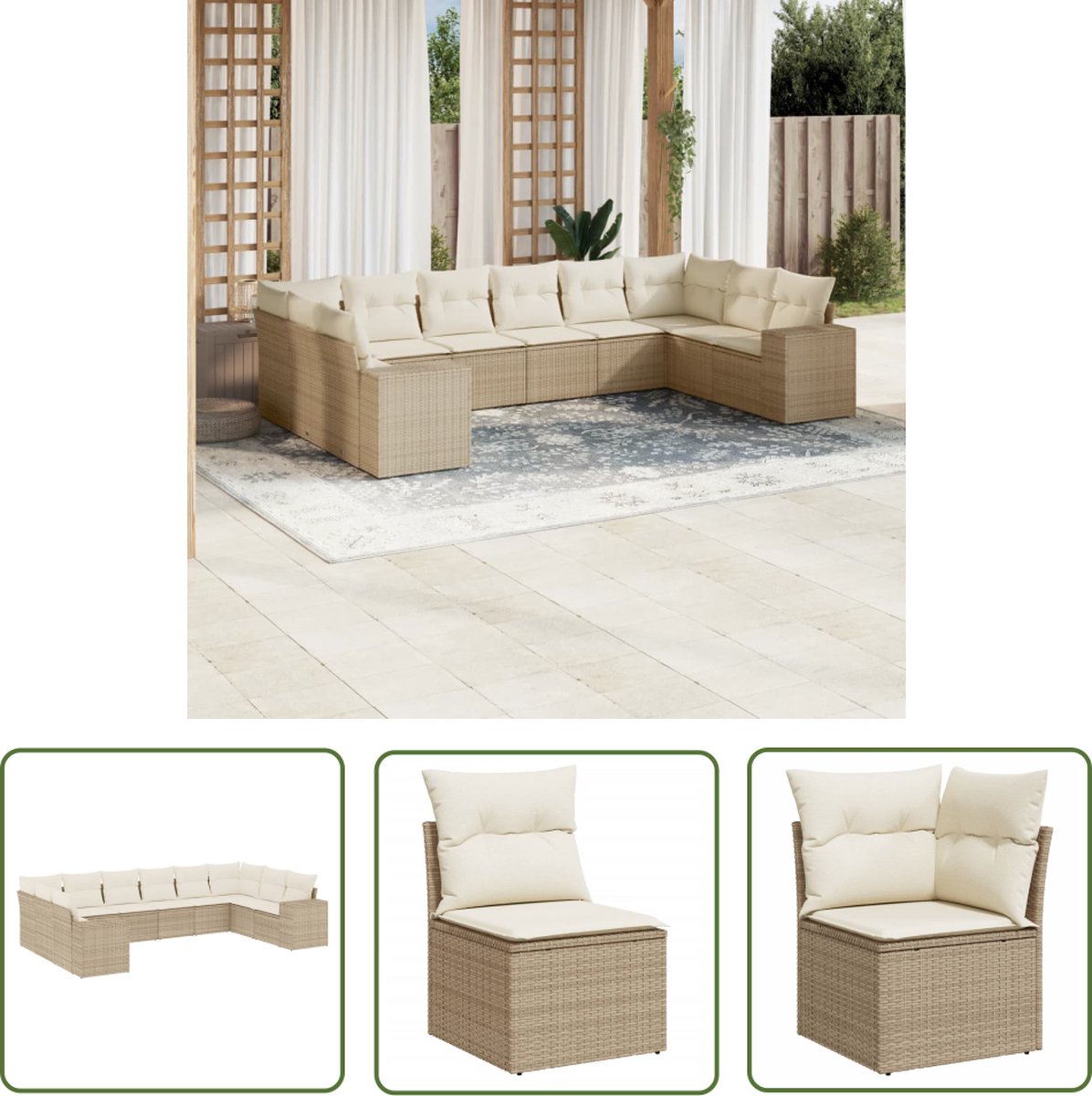 Poly rattan loungeset in beige met kussens voor tuininrichting.