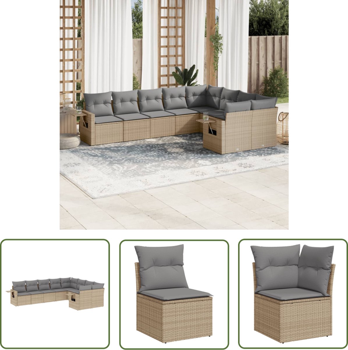 Tuinset van beige poly rattan met kussens - Buitendecoratie.