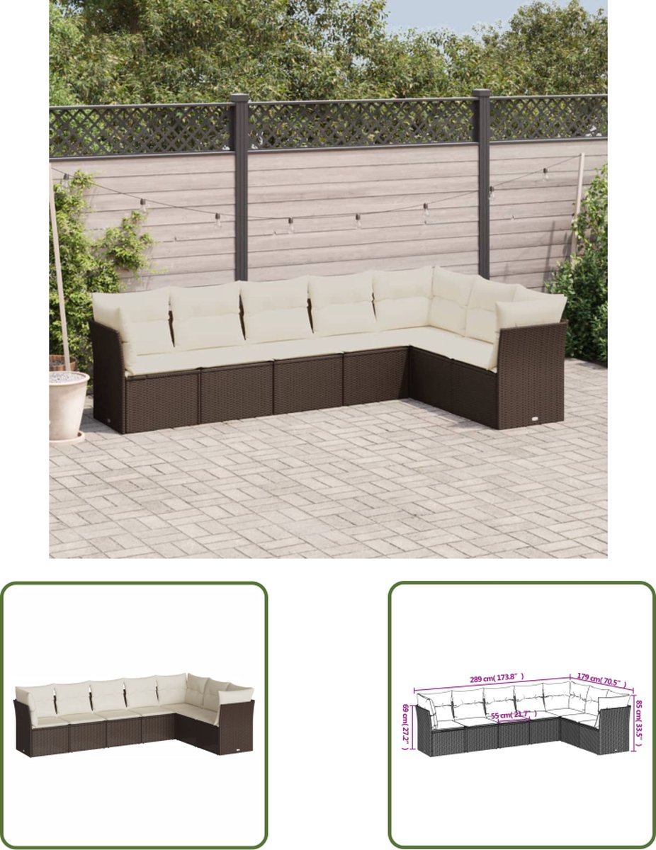 The Living Store 7-delige Loungeset met kussens poly rattan bruin - Tuinmeubels - Lounge Set - Buitenkamer - Tuinset - Relaxen